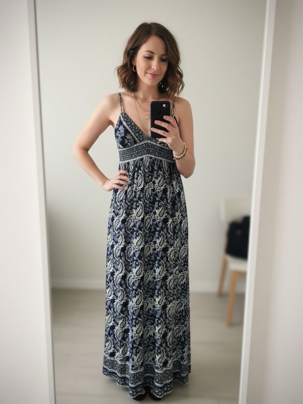 Spaghetti Strap Navy blue almost black and White Paisley Maxi Dress - Women